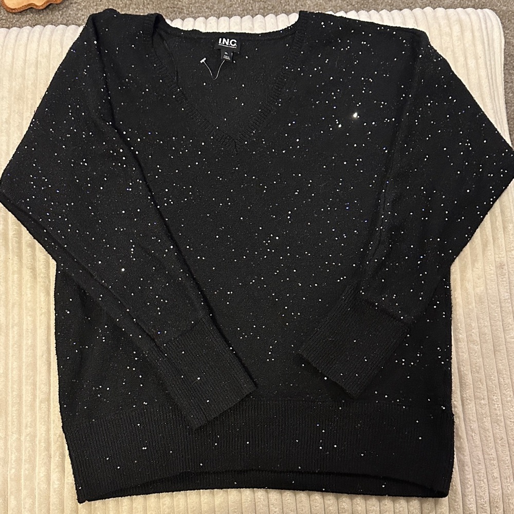 INC International Concepts Black Knit Top with Glitter Details